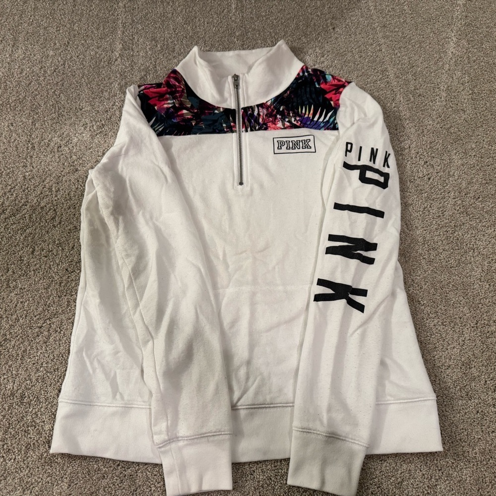 PINK Victoria Secret PINK Quarter zip pullover Tropical Panel Logo Sweatshirt